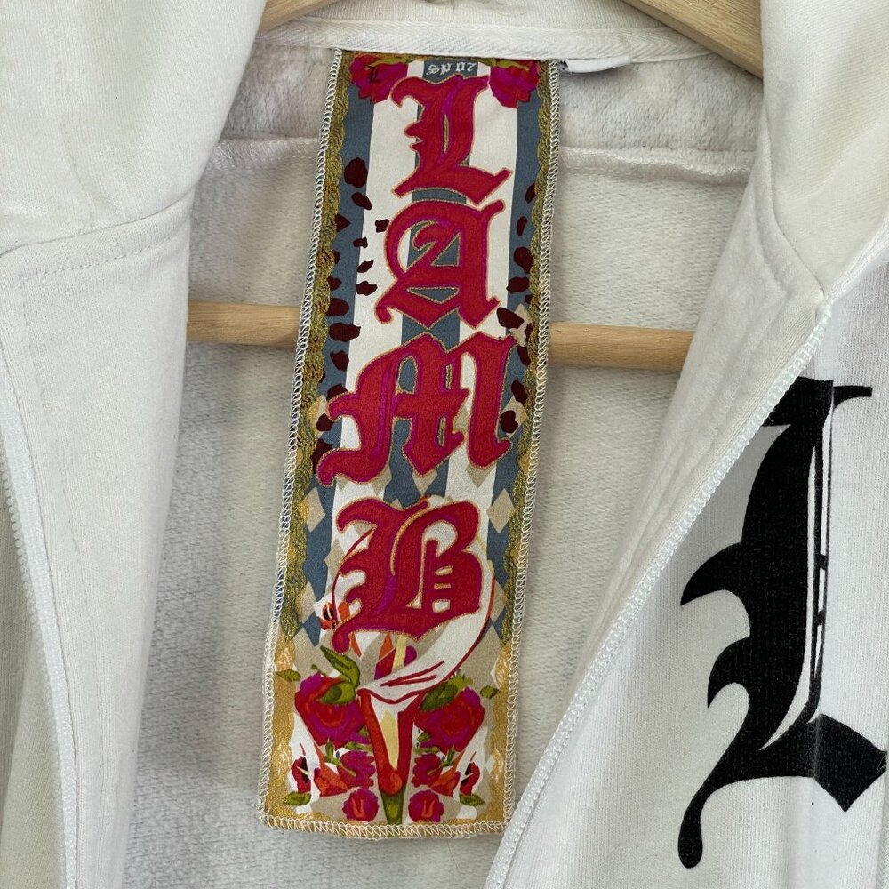 L.A.M.B. White Hoodie Jacket with Black Graphic and Red & Navy Braid Trim - Picture 4 of 13